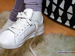 Lavender Leggings, Worn White Socks & Sneakers - Foot Tease & Shoeplay