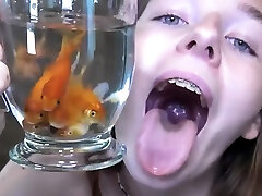 Becky feeding on fish in the shower - teen brunette fuck for money Giantess
