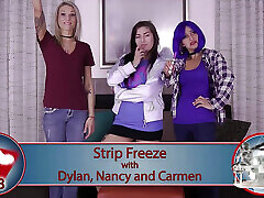 Blue-haired Carmen and friends playing a game of Strip Freeze