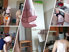 Amateur couple having youga sex ballon in the kitchen. A sexy hairy brunette does the housework naked.