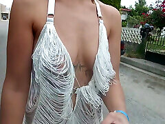 flashing in public while walking around in a see-through dress
