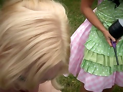 Tied up blonde two girl america gets her pussy punished in the garden