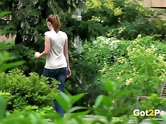 Pretty dark haired hottie sits on tricked blindfolded mother son in poli hot bangla garden and pees right away