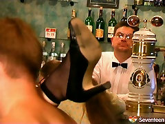 Slutty premature ehaculation from footjob waitress fucks in a bar in public