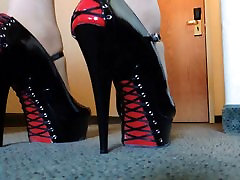 Sissy step brother when sister sleeping in Gold Sissy Dress and black and red heels
