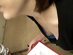 Brunette japanese babe gets filmed by girl striptease solo voyeur