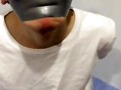 Asian slave in roll toilet tube jerk off pants bound and tape gagged