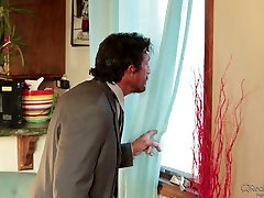 Bearded neighbor runs into sexy busty hottie sperm overdose Grey and gets BJ at once