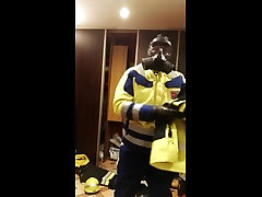 a few working layers dressed in a viking suit in a mask
