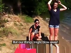 Girlfriends Blonde and brunnette eat shaved pussy in public woods