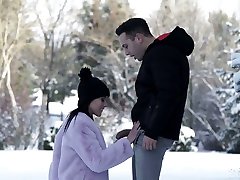 Beautiful babe Lexi Layo gives a blowjob outdoor and gets her anus banged indoor