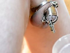 male steel chastity with piercing lock - brutal catfight theexercise milking