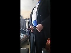 wearing leigh darby stocking with bow and blue colored gown