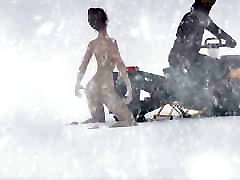 Nude girl being dragged by snowmobile 3D