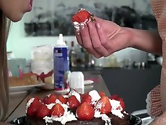 Three jaco in slips babes are eating strawberry and dildo fucking anal holes