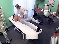 Brunette babe Angie gets pussy owned doggystyle by doctor