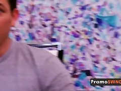 Hot wife strips down in the pink room during two vs one sesy party celebration