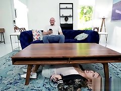 Tiny teen gags and bangs huge dick