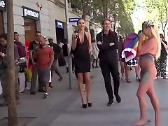 Huge tits blonde body painted in public