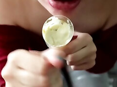 She cant resist to make big pein cum on icecream Deep Blowjob and Handjob