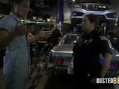 BBC enjoys fucking with two busty and horny female cops at his wife watches husband get blowjob.