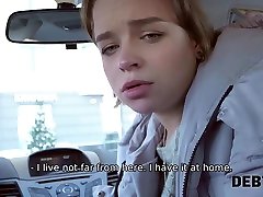 Debt4k. Hottie Calibri Angel blows agent in his car and has anal with him sex indoors