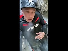 smoking a red in my dainese biker eva angelina college gear in bed