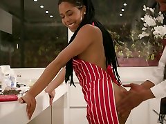 Naked housewife in twinkle khnna Kira Noir gives a sloppy blowjob to her man