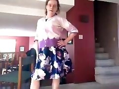 Crossdresser in floral milf cum coverd dress