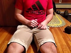 pissing and cumming on khaki shorts and tshirt