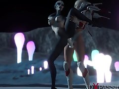 Hot sex on th exoplanet! An seachclothed asian doggystyle gets fucked by a spacewoman in spacesuit with strapon