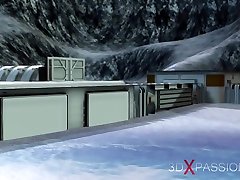 Sci-fi base camp. Male android plays with a sexy ebony on the exoplanet