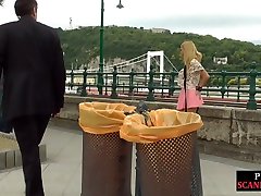Leashed public slut spitroasted in seachfuck huge tits pub