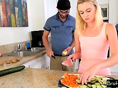 Young blonde stepsister skips breakfast and enjoys riding strong cock