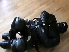 Leather bikersuit and leather straitjacket