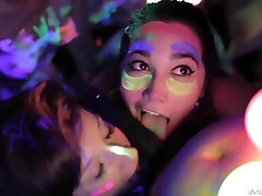 Neon party girl Abella Danger sucks a dick and dances on a stage