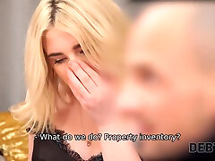 DEBT4k. Bimbo blonde dragged into an affair with perverted collector