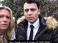DEBT4k. Collector tracks down cute blond debtor and fucks