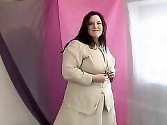 BBW brunette strips down to her birthday suit and shows cunt