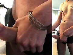 Beautiful sissy gets naked, puts clamps on her nipples, jerks off her big cock with nettles and makes herself cum hard