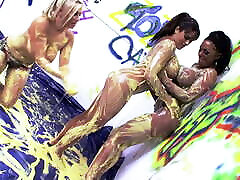 Massive boobs lesbians pour egg yolk all over themselves for a slippery and sexy pussy rub