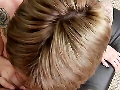 Short hair brunette with tattos gets drilled by a strong stud on the sofa