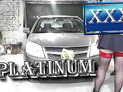 Naked blonde Milf in car repair shop repairs client auto. No panties under skirt. No bra. Without panties in public Milf