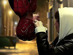 Spider Man pulls out his cock for a fantastic blowjob