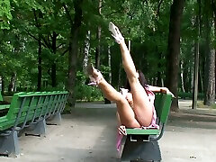 Fabulous white sexy teen in pink dress shows her pussy on the bench