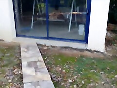 Masked chained chubby bitch with huge boobies masturbated herself on bench