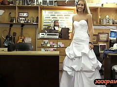 Hot blonde babe in wedding body heat drilled by pawn keeper