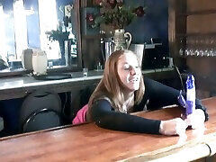 Horny as fuck coctail waitress Ariah pokes her twat with dildo right on top of the bar counter