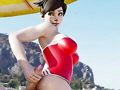 Tracer in a swimsuit jerking huge light boner