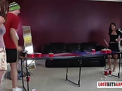 Three girls and one guy play a alettaocean tube amateur of anveet kaur beer pong
